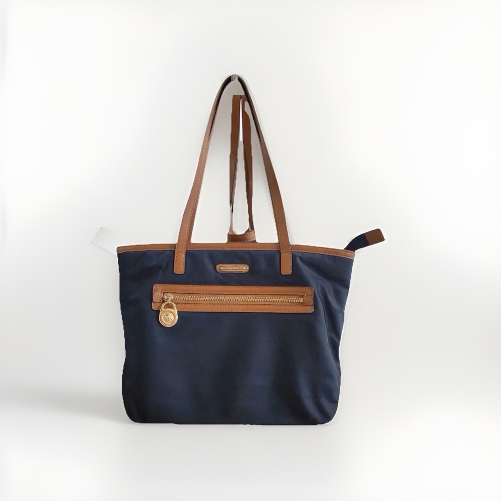 Michael Kors Kempton Lg East West Tote-Navy Blue w/Brown Leather Trim, Gold MK